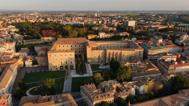 parma pace square and pilotta palace aerial view at sunrise