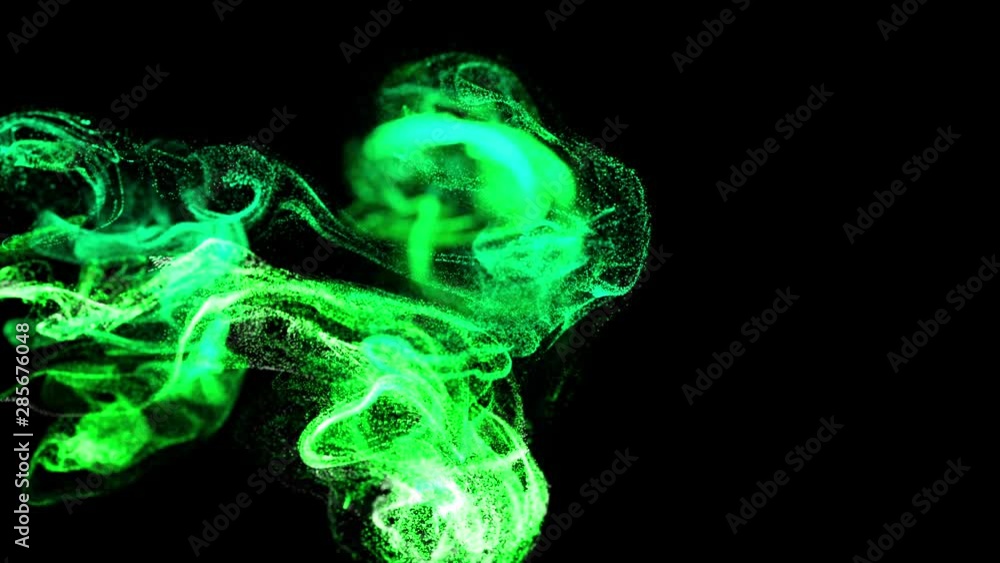 Poster 3d ink effect of advection, luminous green particles float in liquid. glow particles move in a strea