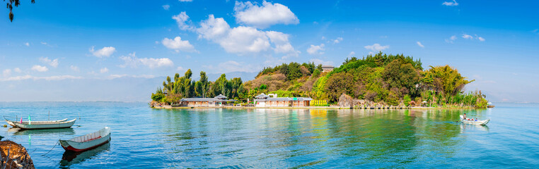 Erhai Lake and Nanzhao Folk Island (Nanzhao Customs Island), located in Dali, Yunnan, China.