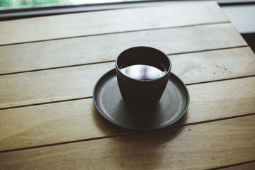 cup of coffee on wooden table