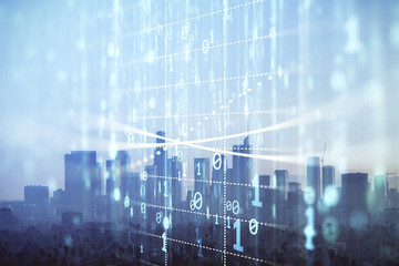 Data theme hologram drawing on city view with skyscrapers background multi exposure. Bigdata concept.