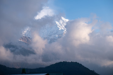 The holy mountain of Machapuchare, Fish Tail Mountain rising above the clouds from the Annapurna base camp trail, Nepal