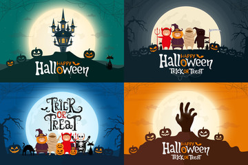 Set of Happy Halloween greeting cards. Four poster with kids, zombie hand, and spooky castle. Vector illustration.