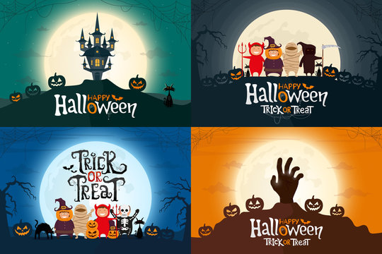 Set of Happy Halloween greeting cards. Four poster with kids, zombie hand, and spooky castle. Vector illustration.
