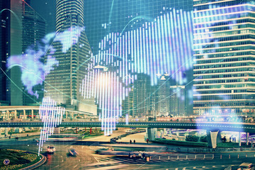 Double exposure of business theme hologram drawing and city veiw background. Concept of success.