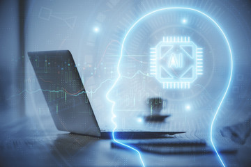 Double exposure of desktop with computer and brain drawing hologram. Artificial intelligence...
