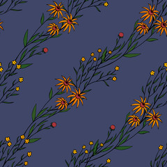 Fototapeta na wymiar Floral seamless pattern. Gentle yellow field plants on a blue background. Botanical wallpaper. Ideal for the design of wrapping paper, cards, scrapbooking, fabric etc.