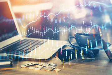 Multi exposure of forex graph and work space with computer. Concept of international online trading.