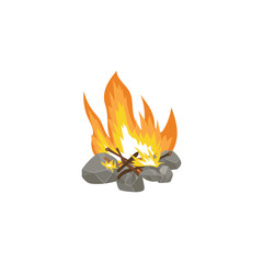 Cartoon bonfire with hot orange flame and firewood on stone foundation