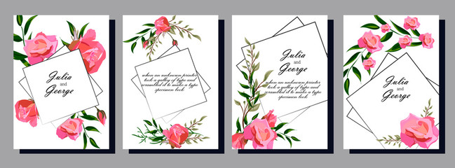 Fototapeta na wymiar invitation floral templates, frames, greeting cards, imitation of watercolor painting on white background, gentle roses print banners. composition design.