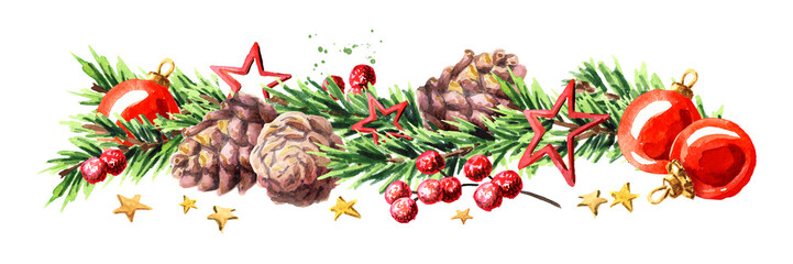 Christmas border with fir branches, red baubles, pine cones and stars. Watercolor hand drawn illustration, isolated on white background