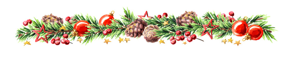 Wide Christmas border with fir branches, red and silver baubles, pine cones and stars.. Watercolor hand drawn illustration, isolated on white background