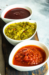 Variety of traditional georgian satsebeli sauces