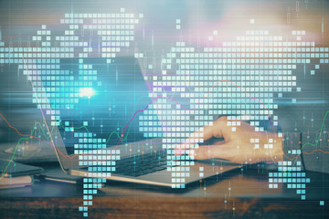 Multi exposure of businessman working on laptop on background. International business hologram in front. Concept of success.
