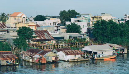 Fototapeta na wymiar Floating houses on Mekong River