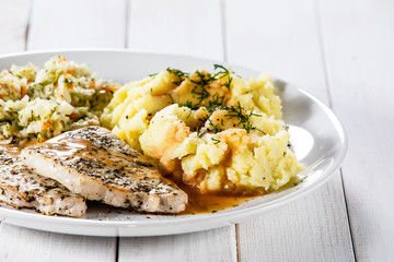 Fried pork chop, mashed potatoes and cabbageon