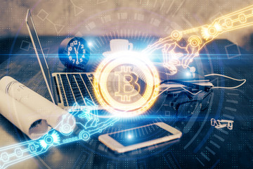 Double exposure of blockchain and crypto economy theme hologram and table with computer background. Concept of bitcoin cryptocurrency.