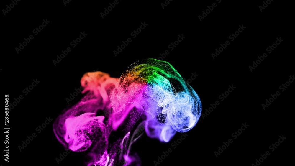 Poster 3d ink effect of advection, luminous multicolor particles float in liquid. glow particles move in a 