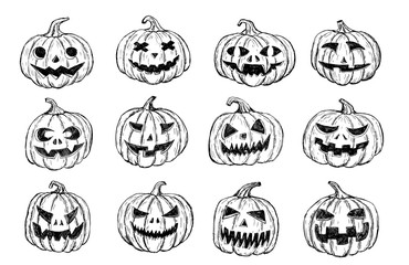 Obraz premium Halloween pumpkins set. Hand drawn illustration.