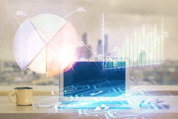 Financial market graph hologram and personal computer on background. Multi exposure. Concept of forex.