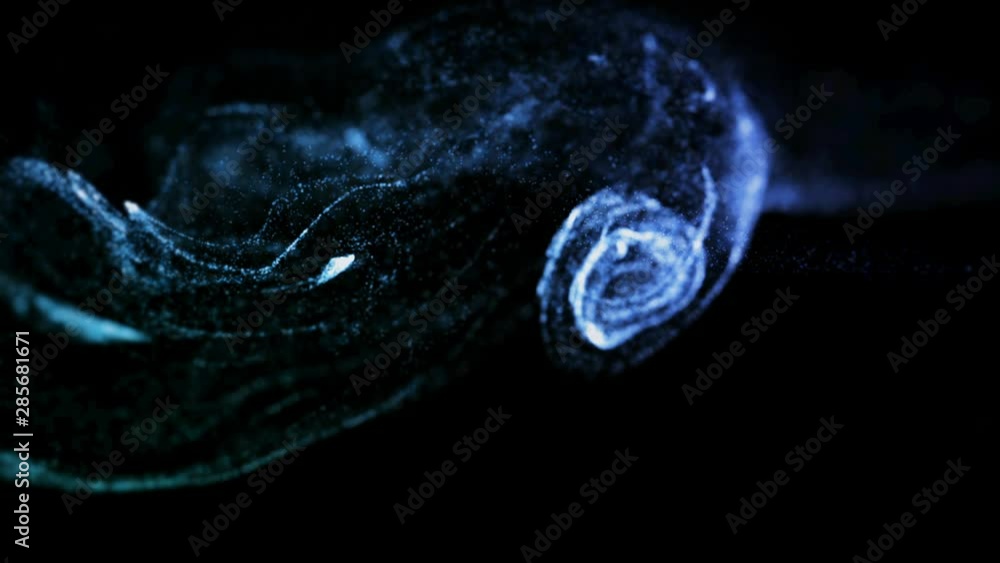 Poster 3d ink effect of advection, luminous blue particles float in liquid. glow particles move in a stream