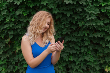 Beautiful young girl in a blue dress typing a message on the phone. Against the background of wild grapes, summer day. Copy space.