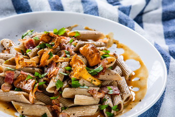 Pasta with chanterelle mushrooms, bacon and sauce