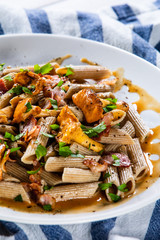 Pasta with chanterelle mushrooms, bacon and sauce
