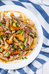 Pasta with chanterelle mushrooms, bacon and sauce