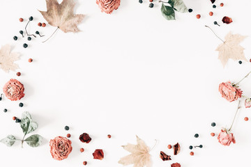 Autumn creative composition. Pattern made of dried autumn leaves, berries, flowers on white background. Fall background. Flat lay, top view, copy space