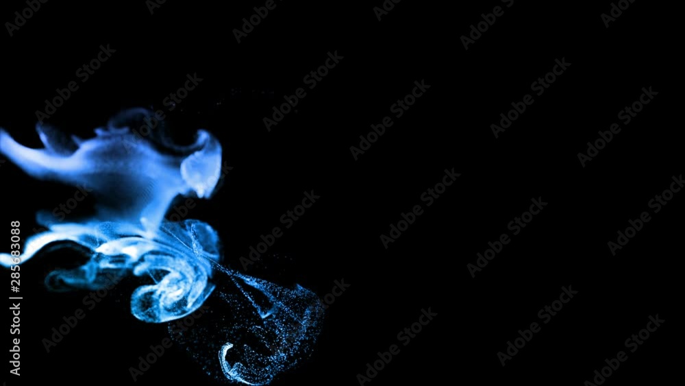 Poster 3d ink effect of advection, luminous blue particles float in liquid. glow particles move in a stream