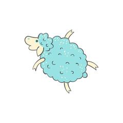 Cute blue sheep doodle - cartoon farm animal in flying pose isolated on white background