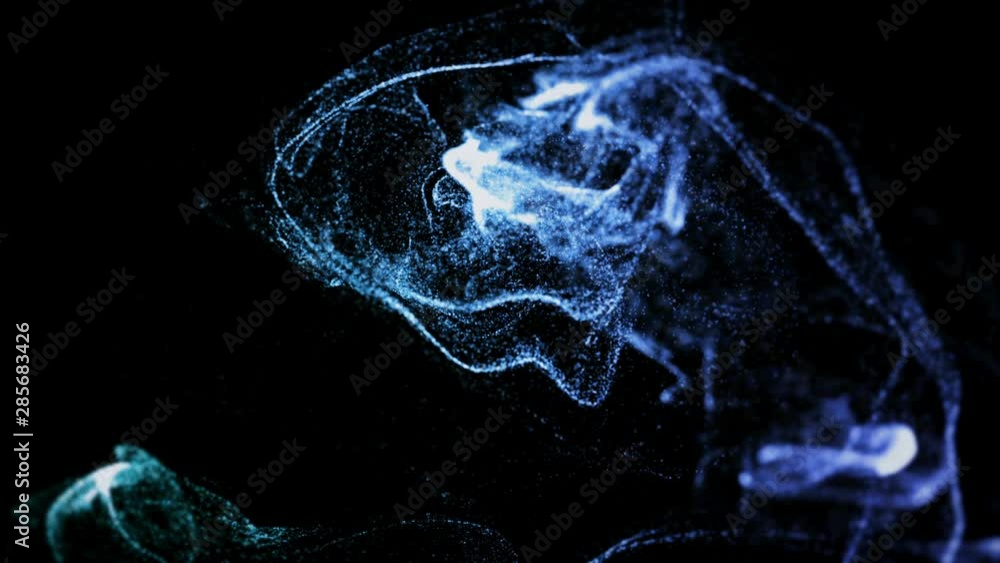 Poster 3d ink effect of advection, luminous particles float in liquid. glow particles move in a stream of l