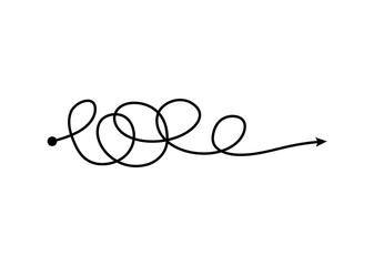 Tangle arrow line in freehand scribble style, messy chaotic thought process doodle