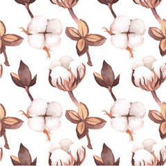 Vector Seamless Pattern of cotton flowers and twigs. Winter pattern. hand painted watercolour
