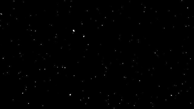 Falling realistic natural snowflakes from top to bottom, slowly snowfall on black background, isolated video animation perfect for digital composition. Snowflakes are falling down randomly.