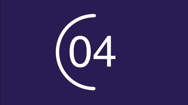 Minimalistic circular countdown digital electronic timer counting down from 10 seconds to 0 with white numbers and circle marking time on purple background. Video animation modern flat design.