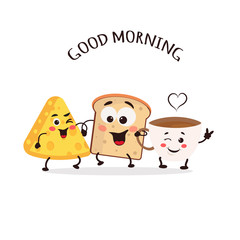 Cute Mug with toast and cheese in kawaii style. Good morning concept. Vector Illustration can use for cards, fridge magnets, stickers, posters, funny print, interior design.