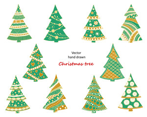 Set of hand-drawn Christmas trees. Green and gold. Vector