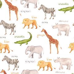 Watercolor hand drawn seamless pattern background sketch illustrations of African animals with captions - giraffe, elephant, lion, zebra, crocodile, rhino, and Africa inscription isolated on white