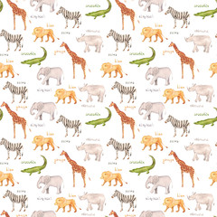 Obraz premium Watercolor hand drawn seamless pattern background sketch illustrations of African animals with captions - giraffe, elephant, lion, zebra, crocodile, rhino, and Africa inscription isolated on white