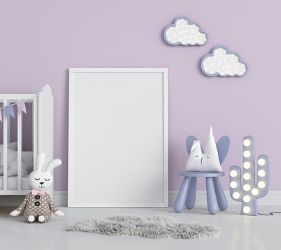 Blank photo frame for mockup in violet child room, 3D rendering
