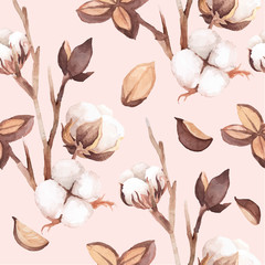 Vector Seamless Pattern of cotton flowers and twigs. Autumn pattern. hand painted watercolour