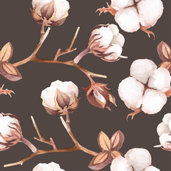 Vector Seamless Pattern of cotton flowers and twigs. Autumn pattern. hand painted watercolour (2)