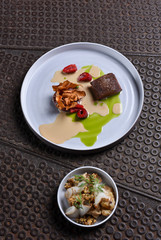 Fine dining Venison Steak with sweet potato and vegetables