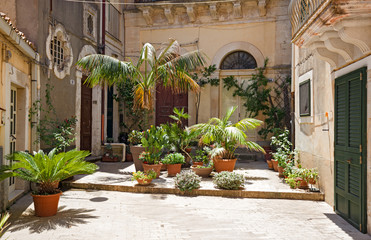 Fototapeta na wymiar Small courtyard with succulents in Sicily, Italy.