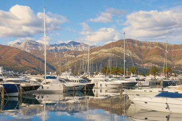 Fototapeta na wymiar Yacht marina Porto Montenegro on sunny autumn day. Montenegro, Kotor Bay of Adriatic Sea, Tivat city