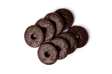 Shortbread cookies in chocolate glaze isolated on white background.