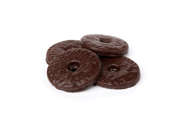 Shortbread cookies in chocolate glaze isolated on white background.