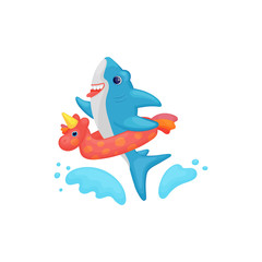 Cute cartoon baby shark swimming in water with inflatable ring